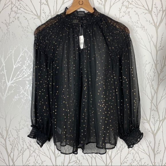 LOFT Sheer Black & Gold Dot Peasant Blouse Ruffle - Picture 8 of 8